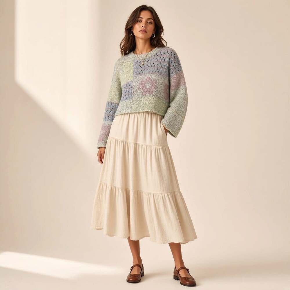 Sincerely Jules Space Dye Boucle Bell Sleeve Crop Sweater Open Knit Yoke Size S